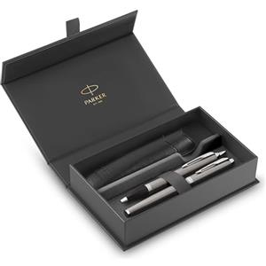 Parker IM Duo Pen Gift Set | Stilografica, penna a sfera e astuccio per penna | Finitura in acciaio inox con finiture cromate | Punta media | Ricariche inchiostro blu | Regali di laurea perfetti