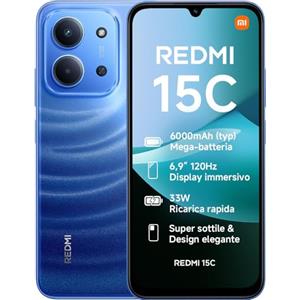 XIAOMI Redmi 15C, Smartphone 4+128GB, Display 6,9" 120Hz, 7,99mm, MediaTek Helio G81-Ultra, Dual camera da 50MP, Mega batteria da 6000mAh, Garanzia 2 anni, Blu, Caricabatterie non incluso