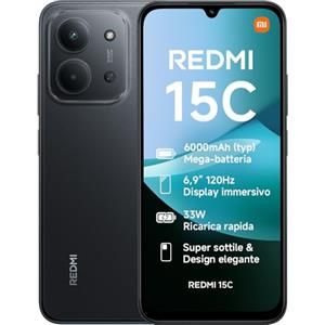 XIAOMI Redmi 15C, Smartphone 4+128GB, Display 6,9" 120Hz, 7,99mm, MediaTek Helio G81-Ultra, Dual camera da 50MP, Mega batteria da 6000mAh, Garanzia 2 anni, Nero, Caricabatterie non incluso