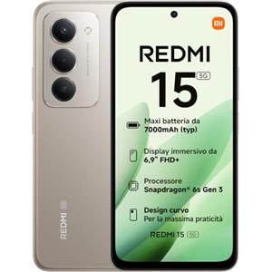XIAOMI Redmi 15 5G, Smartphone 8+256GB, Display FHD+ da 6,9" 144Hz, Snapdragon® 6s Gen 3, Camera principale da 50MP, 7000mAh, Garanzia di 2 anni, Titanio, Caricabatterie non incluso