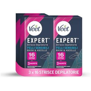 Veet Expert Strisce Depilatorie Ascelle e Zona Bikini, Ceretta per Pelli Sensibili con Olio di Mandorla, Dermatologicamente Testate, 3 Confezioni da 8x2 Strisce + 9 Salviette Post-Epilazione