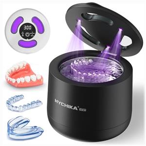 HYCHIKA BETTER TOOLS FOR BETTER LIFE Pulitore Ultrasuoni Apparecchio Denti con Sterilizzatore UV,Alta Frequenza a 45 kHz Clean Pod,4 Modalità per Apparecchi Ortodontici, Bite Notturni, Allineatori ecc.,200 ml,Nero