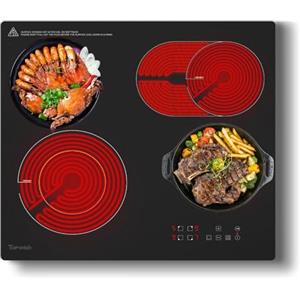 Topwish piano cottura vetroceramica,piastra vetroceramica 4 fuochi, piano cottura elettrico,piano vetroceramic 60cm,doppia zona,zona ovale,blocco di sicurezza,protezione da surriscaldamento,6600W