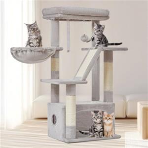 Taoqimiao Tiragraffi per Gatti, 98cm Stabile Albero Tiragraffi per Gattii con 1 Grotte, 1 Cestini, 4 Pali Graffiatoi, 1 piattaforme, Materiale di Flanella Morbida, Grigio Chiaro MS029SW