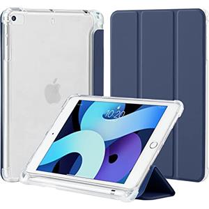 4UBonLife Custodia per iPad Mini 5 Mini 4 Generazione 7,9 pollici con Portapenne, Sottile Leggero Cover Case in Morbido TPU Retro Semi-Trasparente Cover Auto Svegliati/Sonno, Blu Scuro