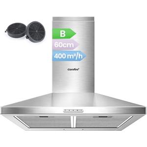 COMFEE' Cappa Aspirante 60 cm PYRA17SS-60 Acciaio Inossidabile Cappa Cucina con LED, Sistema di Ricircolo e Canalizzazione e Filtri a Carbone