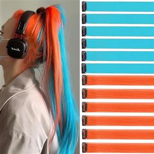 jooceebaby Extension Capelli Colorati Con Clip Arancione rosso/Blu menta 12 pezzi 22 pollici Lungo Dritto Sintetiche Resistenti al Calore per Bambini Ragazze Donne Festival Feste Halloween Cosplay