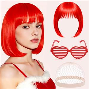 Helixor Parrucca Donna Rossa - Parrucche Carnevale Donna con Colorate Occhiale et Cappuccio Parrucca, Corta Parrucche Caschetto Bob Wig per Carnevale Cosplay Costume Festa in Maschera Quotidiano