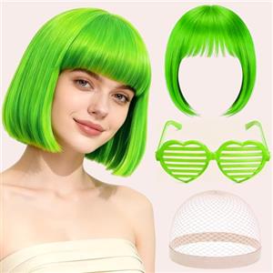 Helixor Parrucca Donna Verde - Parrucche Carnevale Donna con Colorate Occhiale et Cappuccio Parrucca, Corta Parrucche Caschetto Bob Wig per Carnevale Cosplay Costume Festa in Maschera Quotidiano