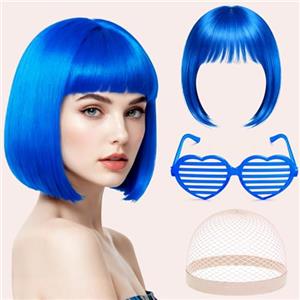 Helixor Parrucca Donna Blu - Parrucche Carnevale Donna con Colorate Occhiale et Cappuccio Parrucca, Corta Parrucche Caschetto Bob Wig per Carnevale Cosplay Costume Festa in Maschera Quotidiano