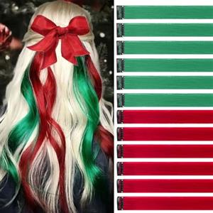 jooceebaby Extension Capelli Colorati Con Clip Rosso/Verde erba 12 pezzi 22 pollici Lungo Dritto Sintetiche Resistenti al Calore per Bambini Ragazze Donne Festival Feste Halloween Cosplay