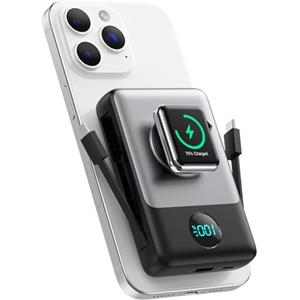 QTshine Magnetico Power Bank con Cavi Integrati per MagSafe, 10800mAh Wireless Caricatore Portatile QC4.0+25W PD Ricarica Rapida USB C Batteria Esterna con LED Display per Apple Watch/iPhone 17/16/15/14/13/12