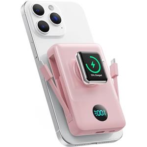 QTshine Magnetico Power Bank con Cavi Integrati per MagSafe, 10800mAh Wireless Caricatore Portatile QC4.0+25W PD Ricarica Rapida USB C Batteria Esterna con LED Display per Apple Watch/iPhone 16 (Rosa)