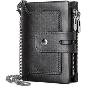 REETEE Portafoglio Uomo Blocco RFID Vera Pelle Portafogli con Catena, Portafoglio da uomo piccolo 15 Porta Carte di Credito, Portamonete Uomo con Cerniera, con Confezione Regalo (A-nero)