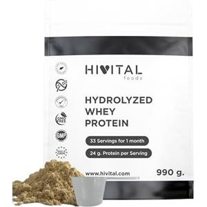 HIVITAL foods Proteine Whey 990 g per 1 mese di trattamento. 24 g al giorno di Protein Whey Naturali. A base di Concentrate e Isolate Proteine del Siero del LATTE. NEUTRO. Prodotto in Europa da HIVITAL