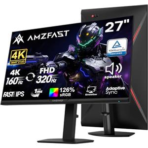 Amzfast 27 Pollici Dual Mode Monitor PC Gamer, 4K UHD160HZ, FHD 320 HZ, altoparlanti integrati, 1MS MPRT, HDR 400, sRGB126%, HDMl 2.1, DP1.4, Adaptive Sync, PBP/PIP-AMZG27F6U