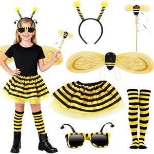 VerLuky Costume Ape Bambina con Ali Gonna Cerchietto Occhiali da Sole Bacchetta Magica, Set di Costumi di Carnevale per Bambini a Tema Animali, Vestito Ape per Carnevale Cosplay Halloween