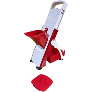 Generico Affettatrice Verticale Professionale, Slycer per Salumi Formaggi e Carni, Rosso e Bianco, con Lama in Acciaio, Manico Estraibile, Base Stabile Antiscivolo