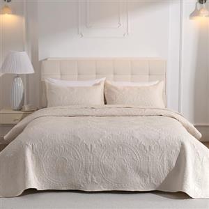 DUJUIKE Copriletto Matrimoniale, Copriletto 220x240cm Set Da Tre Pezzi, Con 2 Federe 50x90 cm, Trapunta Goffrata Multifunzionale, Può Essere Utilizzato Come Lenzuolo Per Divano (Crema)