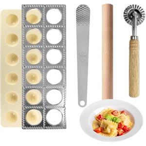 LUPATDY Stampo per Ravioli Grandi da 12 Pezzi in Acciaio | Macchina per Pasta Fresca, Ravioli e Tortellini | Set 4 Pezzi con Tagliapasta, Cutter e Mattarello in Legno