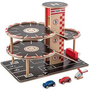 Hape Garage in Legno con Rampa per Auto - Garage Giocattolo Multipiano con 4 Livelli, Pista, Pompe di Benzina e Ascensore