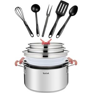 Tefal OptiSpace - Set di 3 pentole 18/20/24 cm + coperchio in plastica e acciaio inox + 5 accessori, maniglie antiscivolo tocco freddo, segni di misura, lavabile in forno e lavastoviglie, tutti i tipi