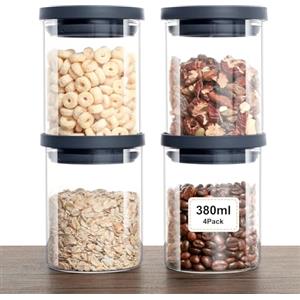 VINATO 4 Pezzi Barattoli Vetro Con Coperchio per Cucina - Set Ermetico in Borosilicato, Contenitori Cucina, BPA-Free, 380ml per Frutta Secca e Spezie