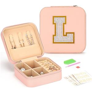 VINATO Portagioielli da Viaggio Personnalizzabile, Organizer Porta Gioielli con Lettere Diamantate DIY, Coffanetto in Pelle PU Rosa Chiaro