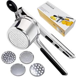 silttble Schiacciapatate Acciaio Inox, Passatelli Attrezzo con 4 Dischi Intercambiabili a Fori Diversi e Impugnatura in Silicone Antiscivolo, per Purè di Patate, Verdura, Frutta e Spatzle