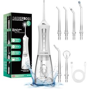 BarberBoss Idropulsore dentale elettrico, Idropulsore dentale con 5 ugelli e modalità di pulizia, orale portatile, Pulitore per denti, QR-7024, (Bianco)