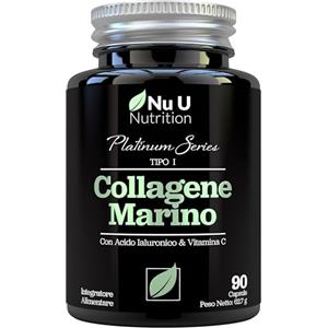 Nu U Nutrition Collagene Marino con Acido Ialuronico - 90 Capsule - Integratore Peptidi di Colageno Idrolizzato Tipo I con Vitamine C, E & Zinco, Rame e Iodio - 1 Mese di Durata - Prodotto in Europa - Nu U Nutrition