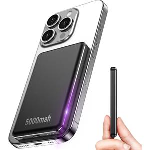 RWSRW Mini Wireless PowerBank Mag-Safe, 5000mAh Mini Magnetico Power Bank,15W Batteria Esterna Wireless Magnetica, Mini Power Bank USB-C PD 22.5W Carica Veloce,Batteria Esterna per iPhone 16/15/14/13, Nero