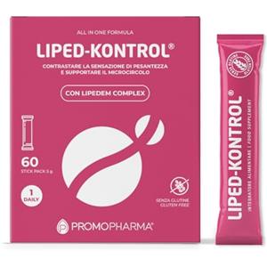 PromoPharma Liped-Kontrol - Integratore Microcircolo, Lipedema e Linfedema - Drenante Gambe Pesanti e Anti-Cellulite - Con Peptidi di Collagene Idrolizzato, Acido Ialuronico e Bromelina - 60 stick pack da 5g