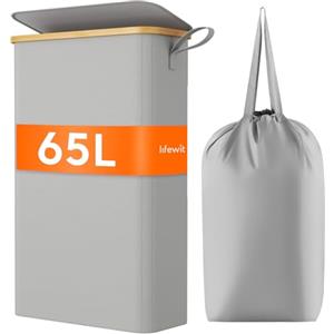Lifewit Cesto Portabiancheria Salvaspazio, Cesta Biancheria Sporca con Coperchio, Porta Biancheria Sporca Slim per Bagno, Laundry Basket per Camera da Letto, Bagno, Lavanderia, 65 L, Grigio Argento