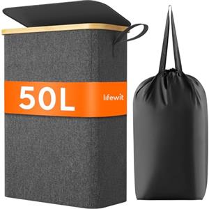 Lifewit Cesto Portabiancheria Salvaspazio, Cesta Biancheria Sporca con Coperchio, Porta Biancheria Sporca Slim per Bagno, Laundry Basket per Camera da Letto, Bagno, Lavanderia, 50 L, Grigio Scuro