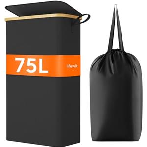 Lifewit Cesto Portabiancheria Salvaspazio, Cesta Biancheria Sporca con Coperchio, Porta Biancheria Sporca Slim per Bagno, Laundry Basket per Camera da Letto, Bagno, Lavanderia, 75 L, Nero