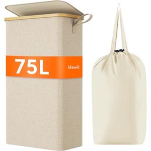 Lifewit Cesto Portabiancheria Salvaspazio, Cesta Biancheria Sporca con Coperchio, Porta Biancheria Sporca Slim per Bagno, Laundry Basket per Camera da Letto, Bagno, Lavanderia, 75 L, Beige