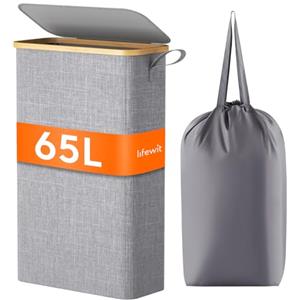 Lifewit Cesto Portabiancheria Salvaspazio, Cesta Biancheria Sporca con Coperchio, Porta Biancheria Sporca Slim per Bagno, Laundry Basket per Camera da Letto, Bagno, Lavanderia, 65 L, Grigio
