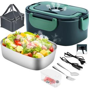Gentre Lunch Box Scaldavivande Elettrico Portatile 4 in 1 per Auto Camion e Ufficio 12V/24V/110V/220V 1.5L 60W Porta Pranzo in Acciaio Inox, Scomparti, Forchetta Cucchiaio e Borsa Per il Trasporto