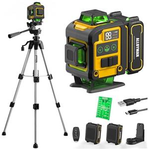 Alloyman Livella Laser Autolivellante 16 Linee con treppiede, Laser a linee incrociate a 4x360 gradi, 4D verde, laser a croce con 2 batterie ricaricabili, IP54, per fai da te, lavori interni e