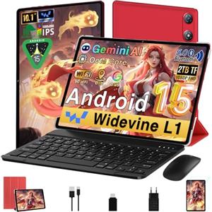 UJJ 2025 Newest Tablet 10 Pollici Android 15 ｜30GB RAM + 64GB ROM ( TF/2TB )｜5G WiFi 6｜Octa-Core｜ 5MP + 8MP｜ GMS｜Bluetooth 5.0｜1280 * 800 FHD｜Doppia fotocamera ｜Tablet 2 in 1 con Tastiera e Mouse, Rosso