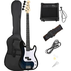 SPORTNOW Chitarra Basso Elettrico 4 Corde con Amplificatore 15W, Borsa, Tracolla e Plettri, Colore Blu Scuro