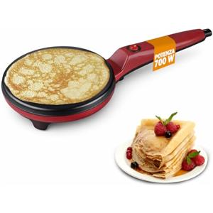 BAKAJI Crepiera Elettrica Rossa con Manico e Tasto di Accensione e Spegnimento, Potenza 700W, Piastra per Crepes in Alluminio con Rivestimento Antiaderente, Facile da Pulire e Veloce da Usare (Rosso)