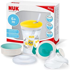 NUK Set per imparare a bere 3 in 1 con tazza da allenamento (6 mesi) e tazza Magic Cup a 360° (8+M) e borraccia per bambini (12+M) | 230 ml | senza BPA | gatto giallo