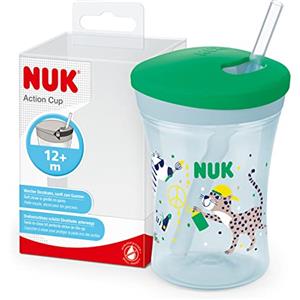 NUK Action Cup bicchiere con cannuccia per bambini | 12+ mesi | Coperchio con chiusura ad avvitamento e cannuccia morbida | A prova di perdite | Senza BPA | 230ml | leopardo verde