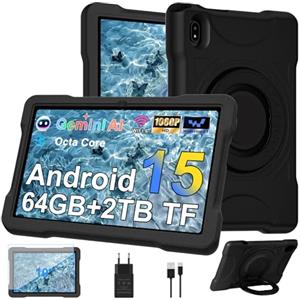 UJJ Tablet 10 Pollici Android 15 con 30GB RAM+TF 2TB, Octa-Core 2.0 Ghz, Gemini AI/Widevine L1, 5G WiFi/Bluetooth 5.0,1080*800/5MP+8MP, 2026 Newest Tablet Bambini con Caso EVA+Staffa girevole a 360°-Nero
