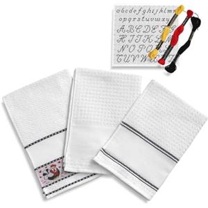hobbymio.it 3 Pezzi di Strofinacci da Cucina da Ricamare a Punto Croce con 3 Matassine di filo e Schema Ricamo, 3 Strofinacci in spugna bianca, 3 Canovacci con Tela Aida