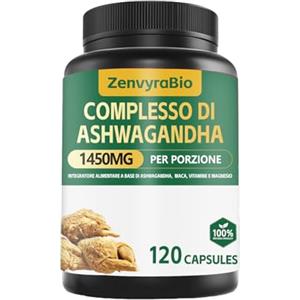ZenvyraBio Ashwagandha Complesso 1450mg - Con Maca, Vitamina C, Vitamine B & Magnesio - 120 Capsule · Integratore Naturale per Energia, Equilibrio e Vitalità · Vegan