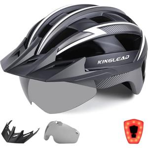 KINGLEAD Casco da Bicicletta per Adulti Uomini Donne con Luce LED Ricaricabile USB, Occhiali Magnetici e Visiera Rimovibile, Casco da Mountain Bike Casco da Ciclismo Casco da Bicicletta da Strada