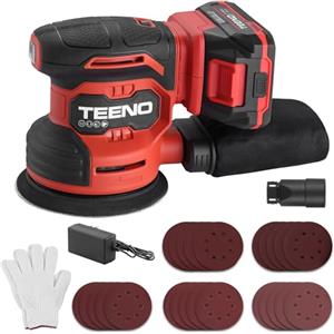 TEENO Levigatrice Orbitale TEENO 125MM 20V, Levigatrice Elettrica Senza Fili, 13,000 Giri/min, Con 25 Fogli Abrasivi, Raccoglipolvere